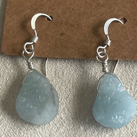 Natural Aquamarine Earrings Sterling Silver Wire Wrapped Raw Gemstones –Handmade - Picture 4 of 10